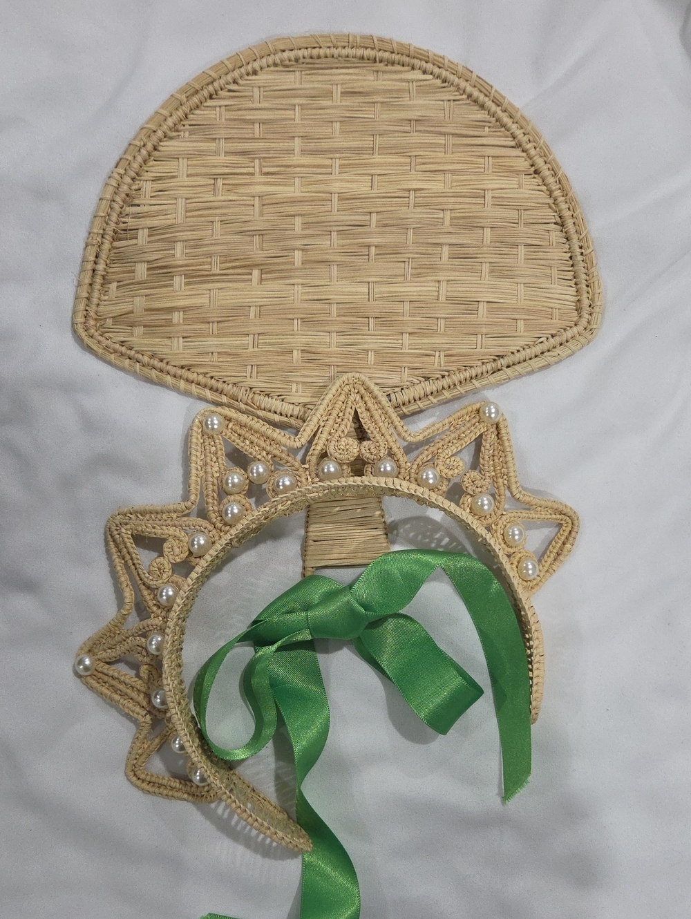 Handwoven Rattan Fan with Headband Pearl-Trim Star Accent and Green Ribbon Set.